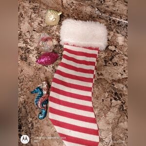 Striped Red and White Christmas Stocking And Christmas Ornament Bundle New
